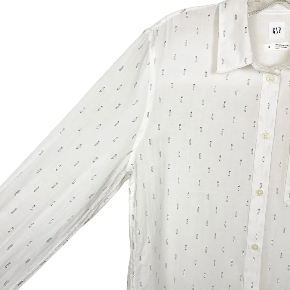 Gap Fitted Boyfriend White Button Down Silver Metallic Clip Dot Shirt Size M - Picture 6 of 14